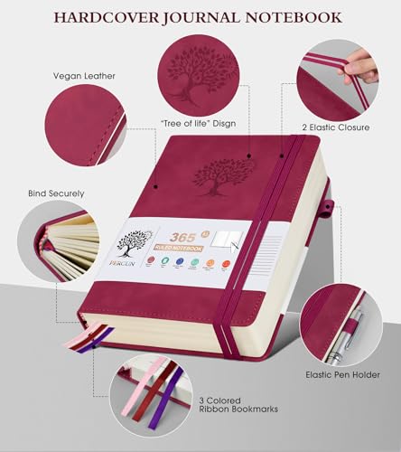 A5 Lined Journal Notebook - 365 Page Leather Journals for Writing Women & Men，Hardcover Notebook with 100Gsm Thick Pages，Daily Diary for Travel, Work，School，Note Taking，College Ruled (5.9" x 8.5") - color: Wine red, size: A5