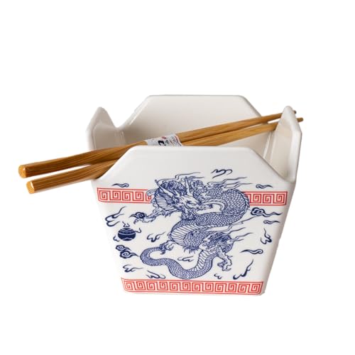 Urban Tokyo Chinese Takeout Box Style Porcelain Bowl With Chopsticks 18 fl oz Square Shape Rice Noodles Pasta To Go Shaped Microwave Dishwasher Safe (Oriental Dragon) - color: Oriental Dragon