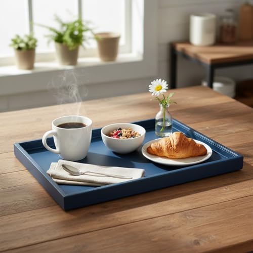 25 * 15 Inch Rectangular Ottoman Tray | Textured PU Leather, Waterproof & Heat-Resistant Storage for Coffee/Dining Tables, Sofa, Bed, Entertainment & Party (Navy Blue, 25 * 15in) - color: Navy Blue, size: 25" x 15" x 1.5"