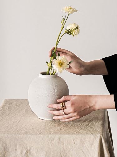 Small White Ceramic Vase - 6.3 Inch Rustic Farmhouse Flower Vase for Home Decor, Minimalist Vases for Living Room, Table, Bathroom, Holiday & Weddings (Sandstone White) - color: Sandstone White