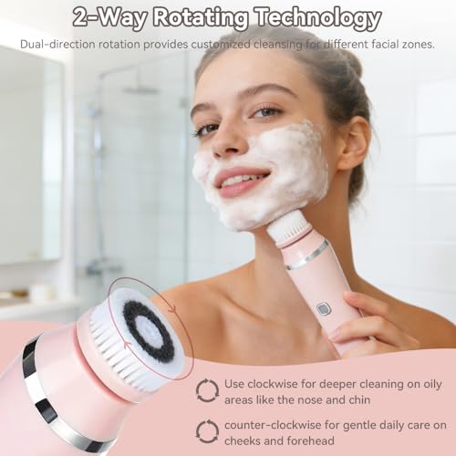 Facial Brush, 3 Speeds Adjustable Facial Cleansing Brush with Base, Waterproof & Rechargeable Face Scrubber Exfoliator with 4 Brush Heads for Women, Pink