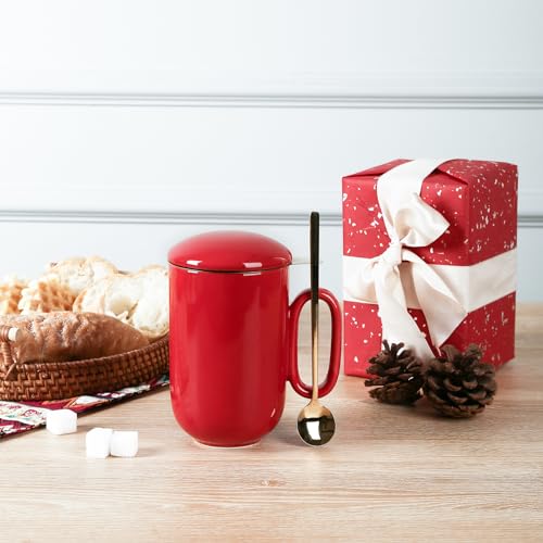 vicrays Ceramic Tea Mug Infuser - Large Cup 16 oz Hot Loose Steeping Handle Teacup with Leaf Infuser Spoon Lid - Tall Glazed Strainer Coffee Mug Microwave Safe - Red - color: Scarlet Red