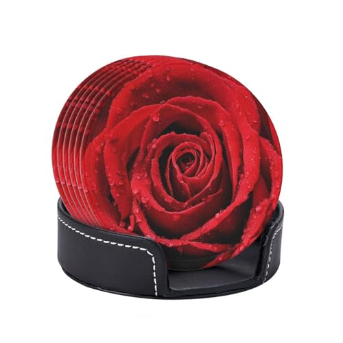 6 Pcs Leather Coasters for Drinks with Holder Blooming Red Roses Coaster Sets Drink Table Cup Coasters for Kitchen Coffee Decor - color: Red Roses