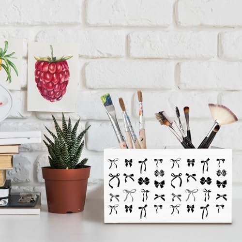 Black and White Coquette Bows Pen Holder for Desk, Preppy Girly Pencil Organizer, Aesthetic Ribbon Bow Wooden Box Sign Desk Decor for Girls Dorm Room Home Office Decoration - color: Black Bow