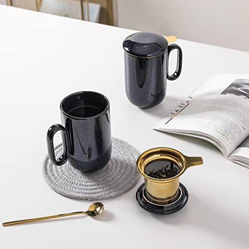 Ceramic Tea Cup Mug Infuser - VICRAYS Large 16 oz Hot Loose Steeping Handle Teacup with Leaf Infuser Spoon Lid - Blue Tall Glazed Strainer Coffee Mug Microwave Safe - Blue - color: Blue