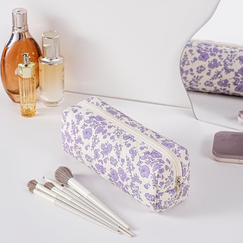 Cute Floral Cotton Makeup Brush Cosmetic Bag for Women, Travel Quilted Zipper Make Up Bag, Flowers Toiletry Organizer Case Kawaii Makeup Cosmetic Travel Cloth Pouch (Big Purple Floral) - color: 18 Big Purple Floral