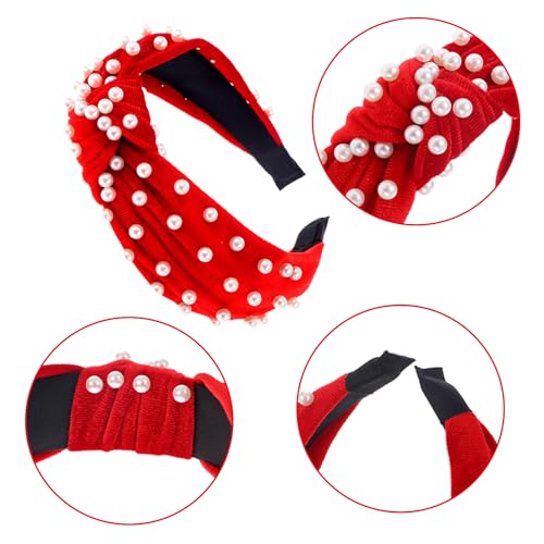 LOVNFC Womens Headbands, 6Pcs Knotted Head Bands No Slip Fashion for women Girls Wide Top Knot Turban Hair Bands Velvet Hair Hoops Hairband (red blue brown) - color: Pure color with pearl C