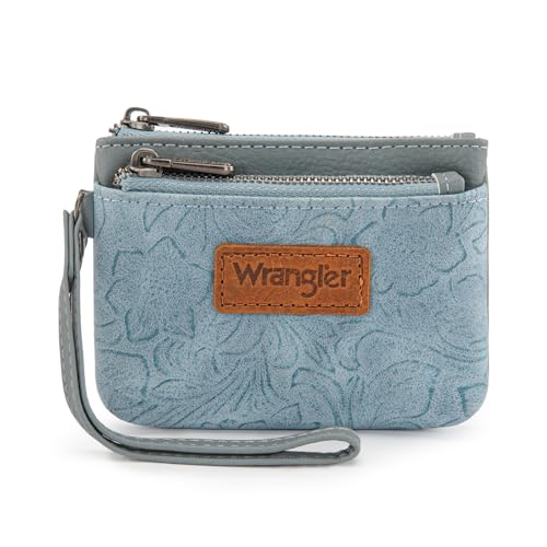 Montana West Wrangler Coin Purse for Women RFID-blocking Floral Embossed Change Pouch Wristlet Wallet Lightweight Portable Wallets Blue - color: Embossed Jean
