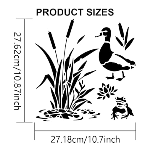 MAYJOYDIY Cattail Duck Frog Stencil 11.8×11.8inch Reusable Lotus Leaves and Flowers Stencils with Paint Brush Marsh Lakeside Scenery Drawing Templates for Crafts Wall Art Furniture Wood Canvas - color: Cattail Duck Frog