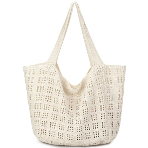 hatisan Crochet Bag for Women, Handmade Knit Beach Tote Bag Summer - color: A Large Beige