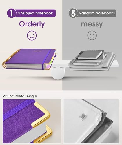 Hardcover Spiral Notebook journal with Removable Dividers Tabs, 300 Pages Leather 5 Subject Notebook College Ruled, 100GMS Notebooks for Work School Note taking,Lined Journal for Women,A5 Dark purple - color: Dark Purple, size: 6.2"x8.2"