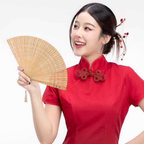 Ipetboom Bamboo Folding Fan - Women Vintage Handheld Portable Fan Lightweight Summer Accessory for Weddings Dance Festivals Birthday Anniversary Stage Show Home Decor - 12.52x7.09in