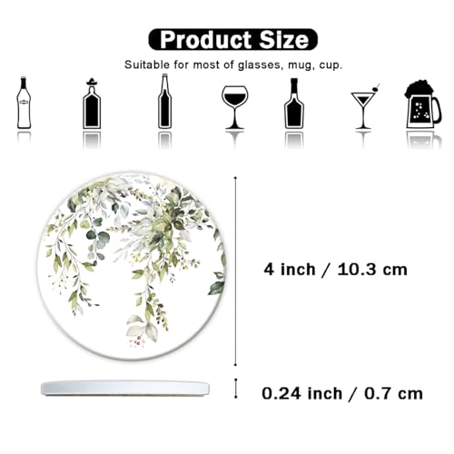 HOPONY Coasters for Drinks,6 Pieces Ceramic Stone Coaster Set with Metal Holder Stand, Cork Base,Absorbent Cups Place Mats for Home Decor Abstract Plants - color: Plants