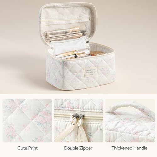 HBselect Quilted Makeup Bag, 3Pcs Cotton Large Travel Makeup Bags Organizer - color: A-3PCS-Floral 34