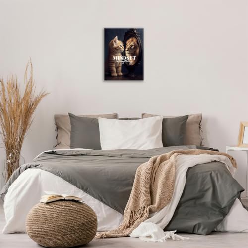 Motivational Lion And Cat Wall Art For Kids Mindset Is Everything Nursery Canvas Wall Decor Inspirational Pictures Paintings Prints Artwork Framed Decorations For Children's Room Bathroom Bedroom Living Room Office Gifts 16" x 20" - color: Cat And Lion, s