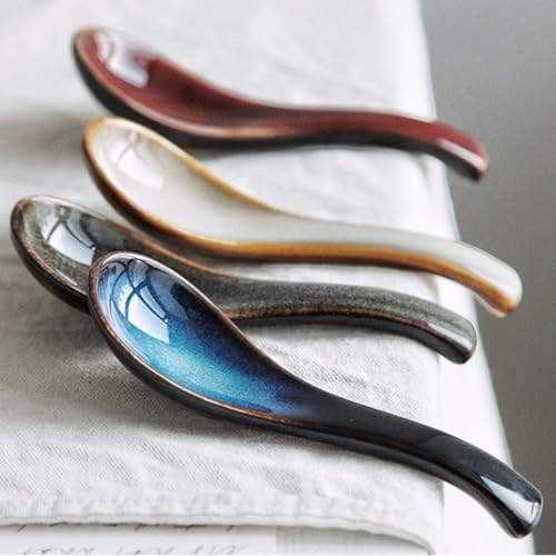 Set of 4 Asian Soup Spoons 5.6-inch Ceramic Chinese Soup Spoons, Non-slip Bottom, for Soups, Japanese Ramen, Miso, Chinese and Vietnamese Wonton, Dumplings, Pho, Noodle, and Korean Soups
