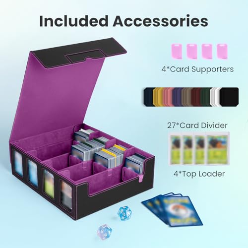 Trading Card Storage Box with Commander Display, 4-Row Deck Case with Removable Lid & Handle, 3000+ Card Organizer with 24 Colorful Dividers & 4 Stoppers for MTG, Black & Purple - color: Black & Purple, size: 3000+, with Handle