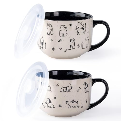 AmorArc 24 Ounces Ceramic Soup Mugs with Lids and Handle, Stoneware Bowls Cup Set of 2 for Soup, Stew, Noodle, Beautiful Mug Bowls With Lovely Dog,Cat Patterns, Microwave&Dishwasher Safe, Black - color: Black, size: 24oz