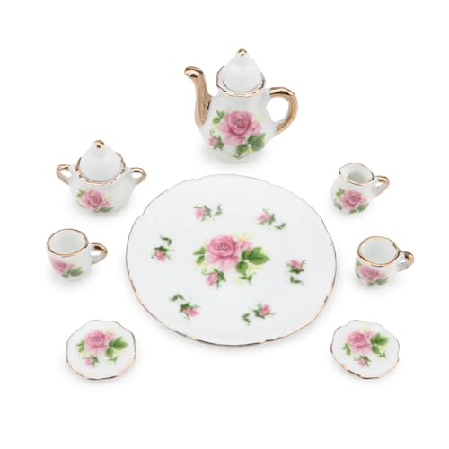 Miniature Tea Set 1/6 Scale Dollhouse Accessories Porcelain Little Rose - color: Little Rose