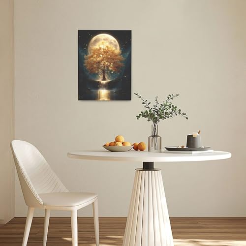 Golden Tree Wall Art Fantasy Tree with Moon and Waterfall Canvas Wall Decor Pictures Paintings Prints Mystical Nature Artwork Framed De corations For Meditation Space Bathroom Bedroom Living Room Office Gifts 12" x 16" - color: Golden Tree, size: 16"L x 1