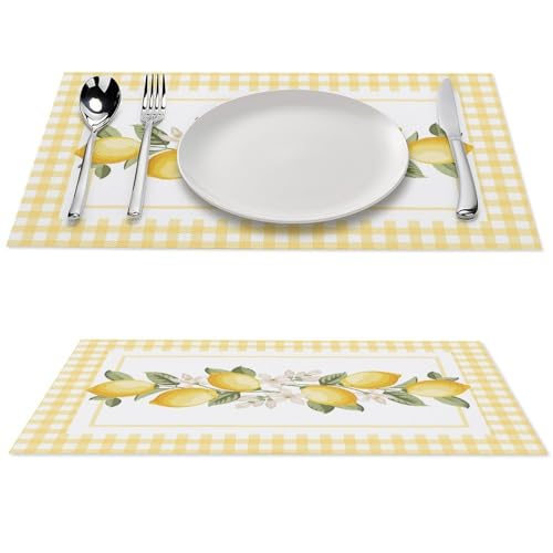 Yellow Lemon Buffalo Plaid Floral Placemats Set of 4, 12x18 Inch - color: Lemon05, size: 4pcs