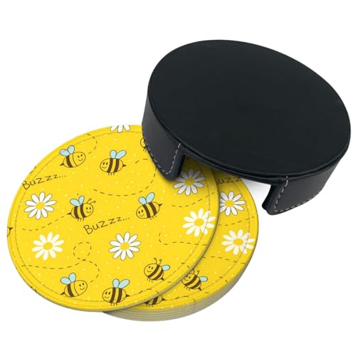 6 Pcs Leather Coasters for Drinks with Holder Cartoon Bee Cute Honeycomb Coaster Sets Drink Table Cup Coasters for Kitchen Coffee Decor - color: Bee Honeycomb