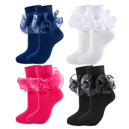 Big Ruffle Socks Women(Size 5-11) Turn Cuff Cotton Lace Frilly Socks - color: 4 Pairs - Rose Red,black,white,navy Blue, size: 5-9