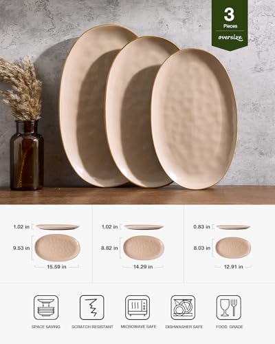 famiware Serving Platter, Oval 15.59/14.3/12.9 inch Serving Dishes for Entertaining, Serving Bowls, Microwave Safe, Stonware Serving Trays for Party, Turkey, Cheese, Ocean Series, Cinnamon Brown - color: Cinnamon Brown