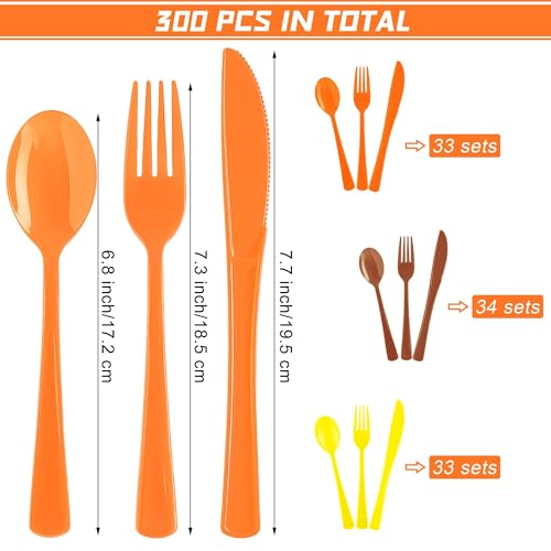 Kochorie 300 Pieces Thanksgiving Plastic Silverware Fall Heavy Duty Utensils Set Heavyweight Disposable Flatware Includes Orange Yellow Brown Spoons Forks Knives for Thanksgiving Dinner Party Supplies - color: Yellow, Orange, Brown