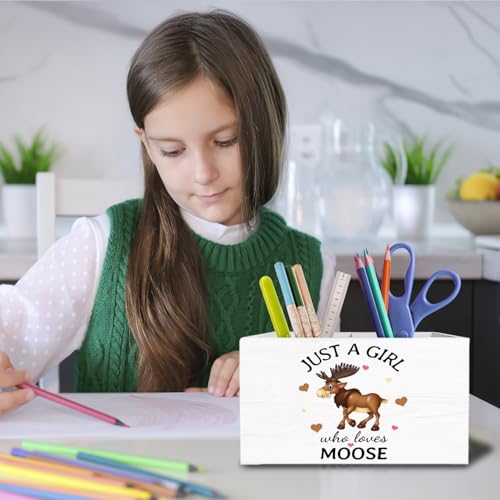 Moose Gifts Pen Holder for Desk, Deer Lover Gifts Pencil Organizer, Just a Girl Who Loves Moose Wooden Box Sign Desk Decor for Home Office Decoration - color: MOOSE