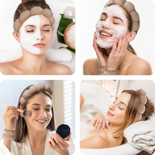 Spa Headbands for Washing Face Wristband Set Sponge Makeup Skincare Headband Wrist Towels Bubble Soft Terry Towel Cloth Hairband for Women Puffy Headwear Non Slip Thick Thin Hair Headwear (Coffee) - color: Coffee