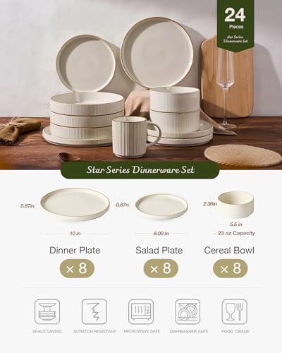 Famiware Star Stoneware Dinnerware Sets for 8, Rimmed Plates and Bowls Set - color: White