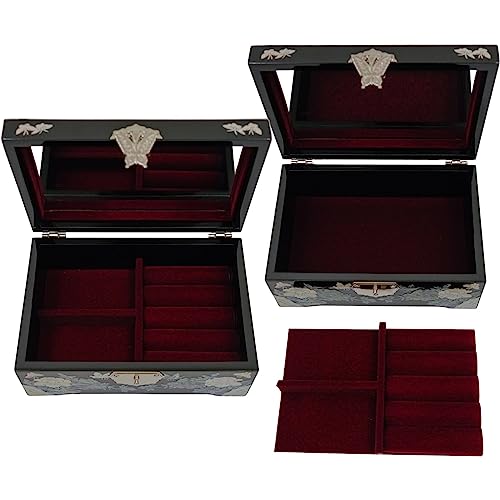 February Mountain Mother of Pearl Jewelry Box – Traditional Korean Design with Cranes and Pine Trees | Handcrafted Wooden Box, Velvet-Lined Interior for Rings, Earrings & Necklaces | Gifts for Women - color: Black-Crane