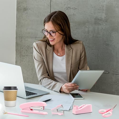 Pink Office Supplies, Pink Desk Accessories, Stapler, Staple Remover, Tape Holder, Pen Holder, Ballpoint Pen, Scissor, Binder Clips, 1000pcs Staples, Phone Holder, Ruler, Transparent Glue and Notes - color: Pink