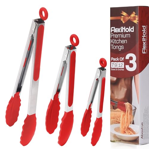 Stainless Steel Kitchen Tongs Set, 3 Pack with Silicone Tips - size: Pack of 3 Red (7", 9" & 12")