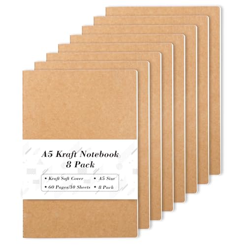 feela 8 Pack A5 Kraft Notebooks, 60 Lined Blank Pages Travel Journal Bulk, Soft Cover Notebooks for Women Girls Students, Making Plans Writing Memos Office School Supplies, 8.3 X 5.5 in - style: Lined-8 Pack