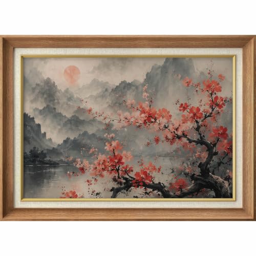 MUDECOR Premium Framed Wall Art Red Plum Blossom Chinese Ink Mountain Illustrations Impressionism Scenic Colorful for Living Room, Bedroom, Office - 26"x36" Natural - color: B11-2606-EDW06, size: 36"L x 26"W, style: Premium Natural Frame