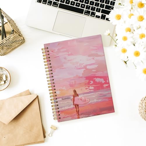 Wheatwin Pink Beachy Aesthetic Spiral Notebook Journal, Preppy Trendy Cute Notebook for Women, Preppy Notebooks for School 5.5x8.3 - color: Pink Surf
