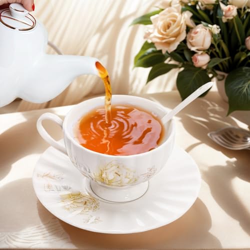 WRINGKIT Tea Cups and Saucers Set of 6, 7 Oz, Microwave Safe - size: Small