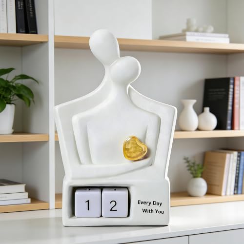 for Couples & Parents, Modern Ceramic Couple Sculpture with Fixed Gold Heart, Abstract Embrace Figurine Displays Anniversary Years 01-98, Wedding Home Decor, 7.3 Inch - size: Hug-7.28"