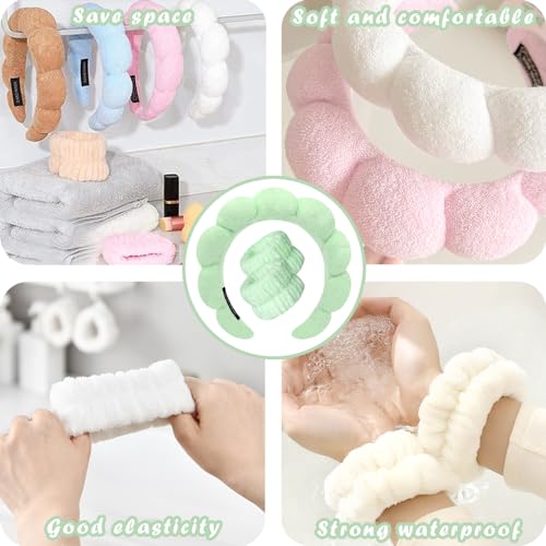 Spa Headbands for Washing Face Wristband Set Sponge Makeup Skincare Headband Wrist Towels Bubble Soft Terry Towel Cloth Hairband for Women Puffy Headwear Non Slip Thick Thin Hair Headwear (Green) - color: Green