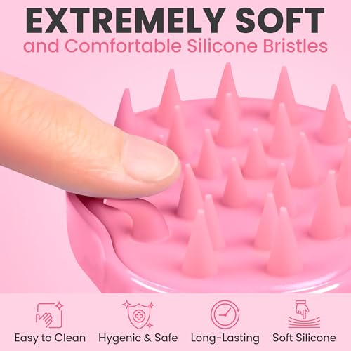 RELAXXO Scalp Massager Hair Growth – Exfoliator & Hair Scrubber for Scalp, Soft Bristles for Dandruff & Soothing Comfort, Shampoo Brush, Wet & Dry Use, Pink - color: Pink