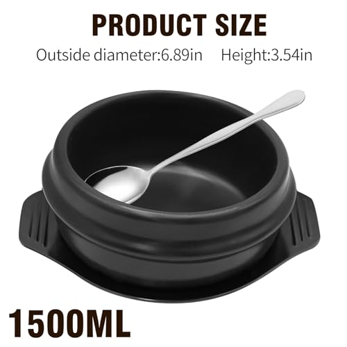 Korean Stone Pot Set with Tray and Stainless Steel Spoon, Ceramic Bowl for Bibimbap and Soup, No Lid (1500 ML (50 OZ))