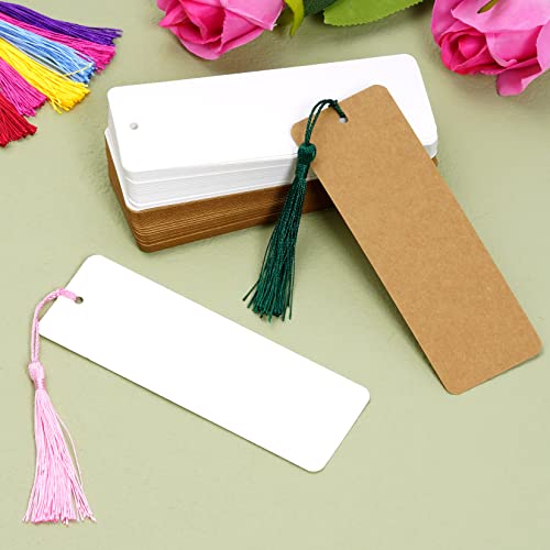 choyaxo 120 Pcs Kraft Paper Blank Bookmarks with 100 Pcs Colorful Tassels Paper Bookmarks for DIY Art Projects, School Supply, Gifts Tags 5.5x2 inch (120)
