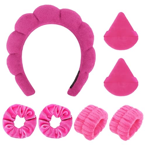 7Pcs Puffy Spa Set: Terry Cloth Headband, Wristbands, Scrunchies, Powder Puffs, and Sponges for Skincare, Face Washing, and Makeup Removal - Rose - color: Rose