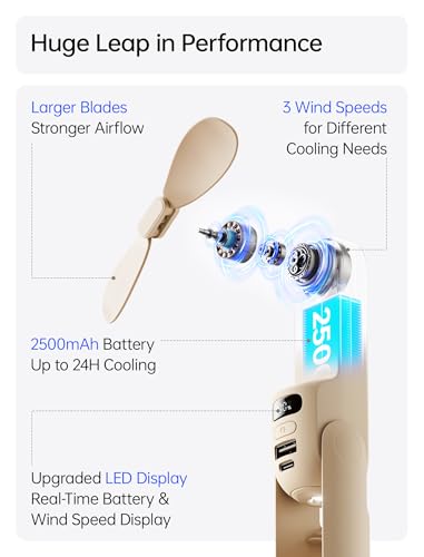 JISULIFE Portable Handheld Fan, 3 In 1-Fan, Power Bank, Flashlight, Brown - color: Brown