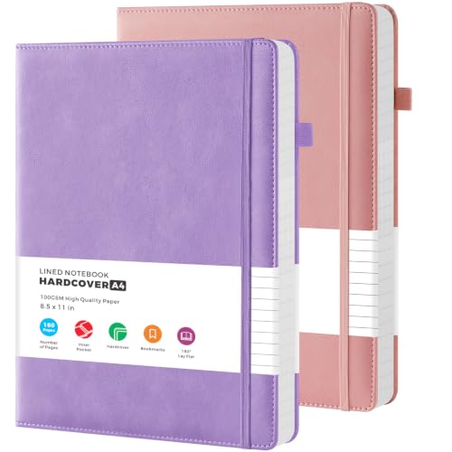 FOCUS DAY A4 Lined Journal Notebook for Women, 8.5" x 11" Large Size, 2 Pack, PU Leather Cover, 100GSM College Ruled Paper, for Diary Travel Meeting Study - color: Pink_Purple, size: A4