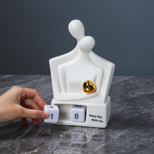 for Couples & Parents, Modern Ceramic Couple Sculpture with Fixed Gold Heart, Abstract Embrace Figurine Displays Anniversary Years 01-98, Wedding Home Decor, 7.3 Inch - size: Hug-7.28"