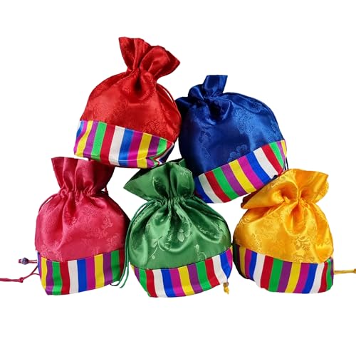 Seoulful Vintage Korean Bokjumeoni Lucky Pouches - 5-Piece Set with Saekdong Stripes and Flat Bottom Design - Traditional Korean Color Block Hanbok New Year & Chuseok Gift Bag