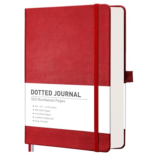 RETTACY Dotted Journal Notebook, 320 Numbered Pages, A5 (5.7'' × 8.3'') - color: Red